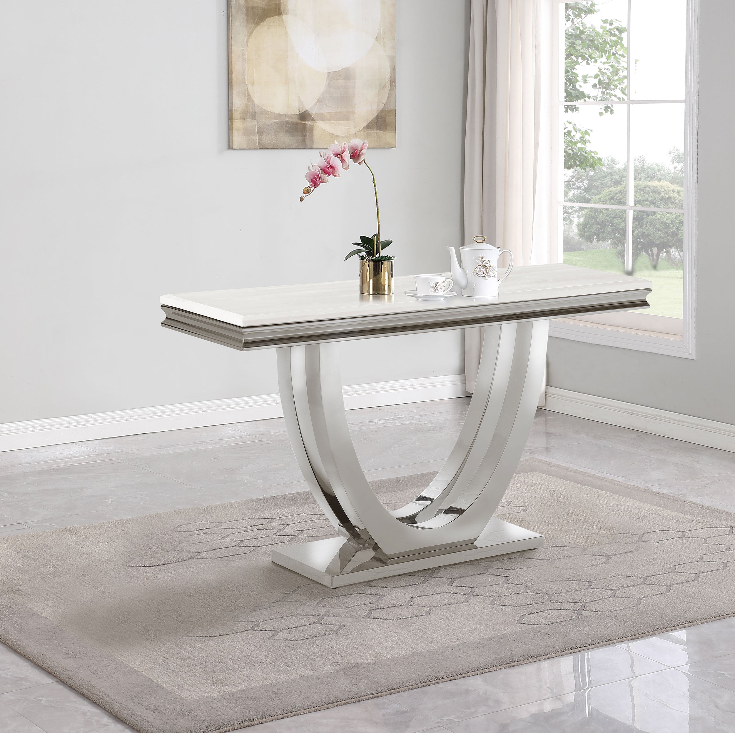 Kerwin U-base Stone Top Entryway Sofa Console Table Chrome