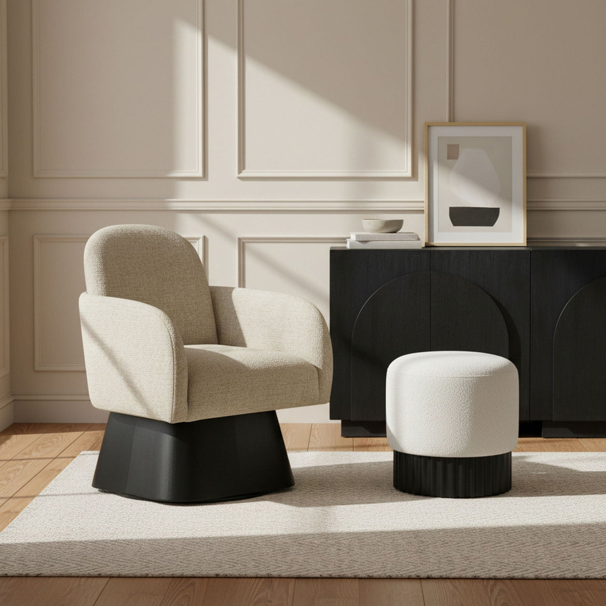 Marlowe - Linen Textured Fabric Upholstered Swivel Accent Chair with Black Base
