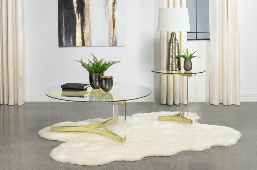 Janessa Acrylic Coffee and End Table Set Matte Brass