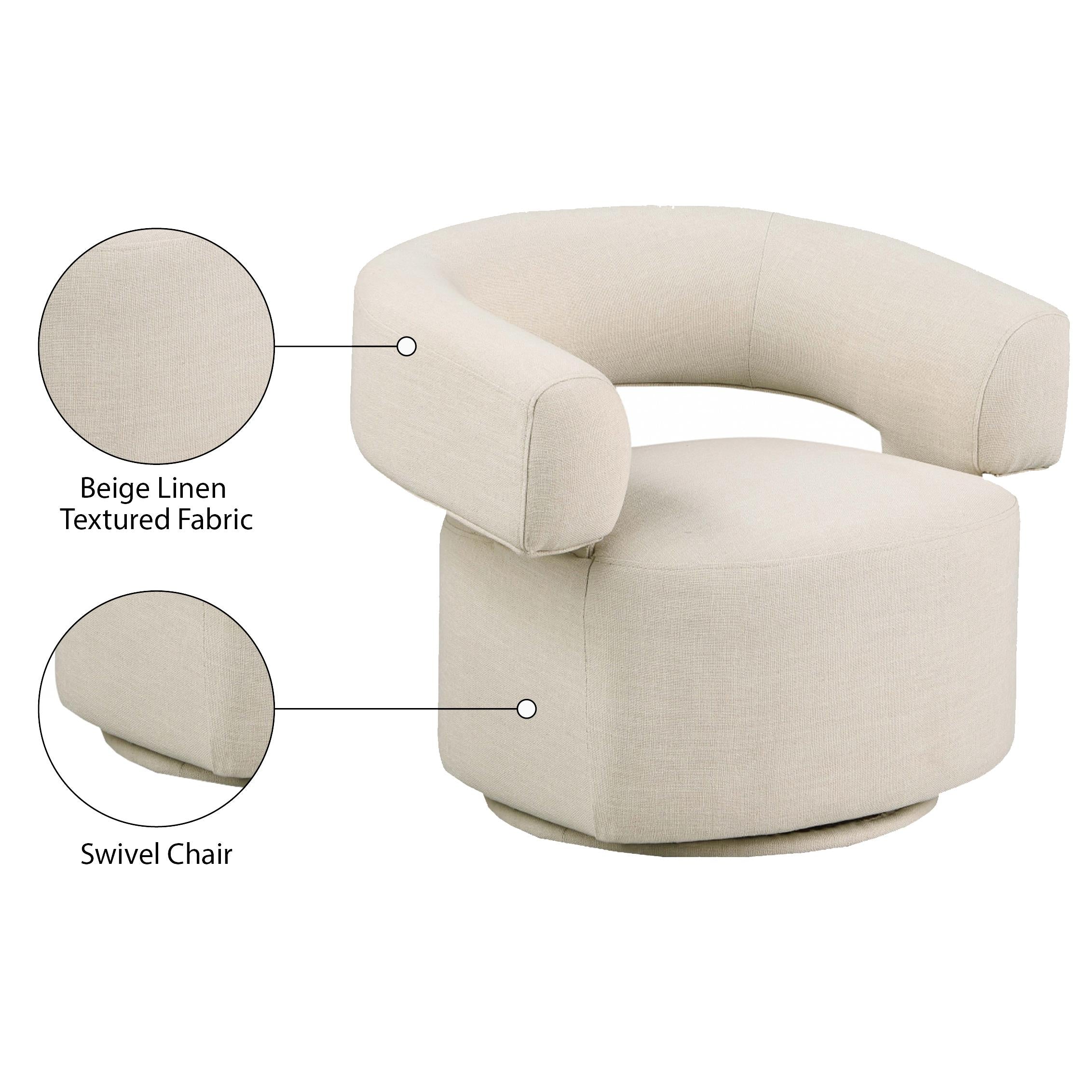 Meridian Niya Beige Linen Textured Fabric Swivel Accent Chair