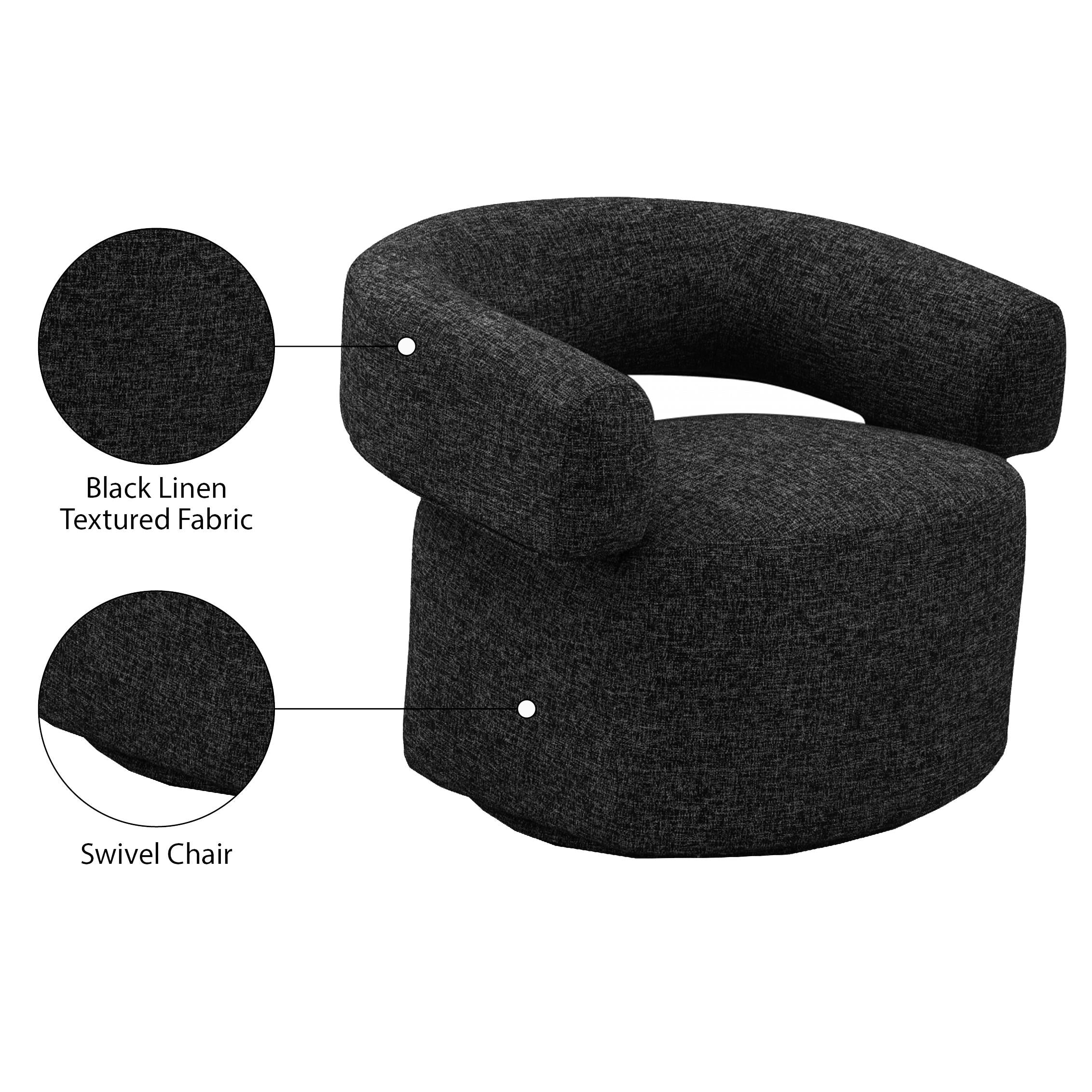 Meridian Niya Black Linen Textured Fabric Swivel Accent Chair