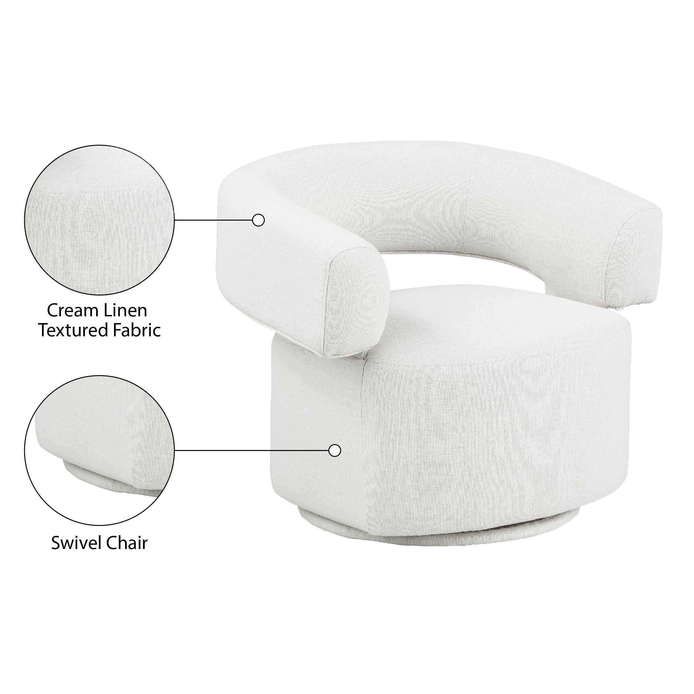 Meridian Niya Cream Linen Textured Fabric Swivel Accent Chair