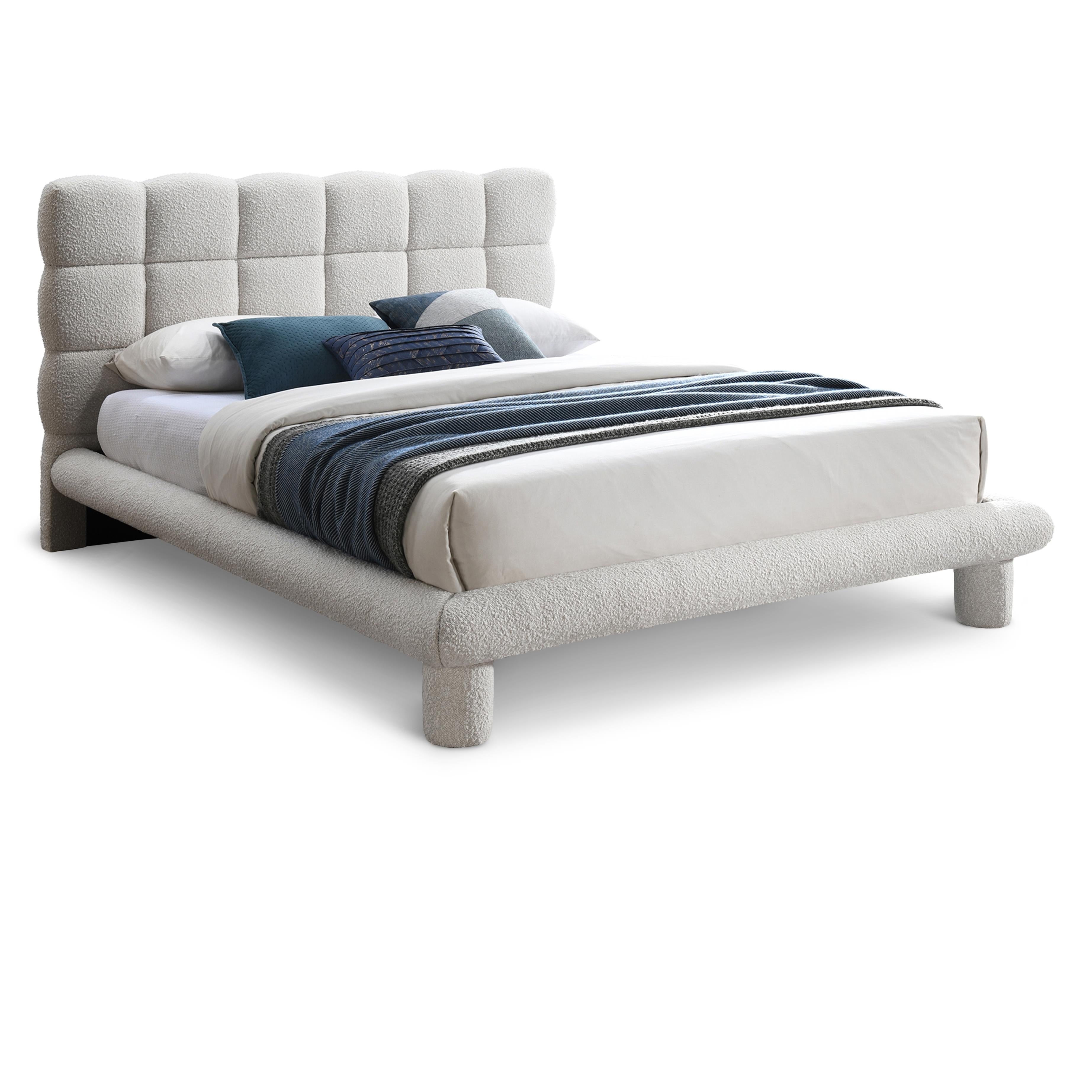 Meridian Deco Cream Boucle Fabric Queen Bed (3 Boxes)
