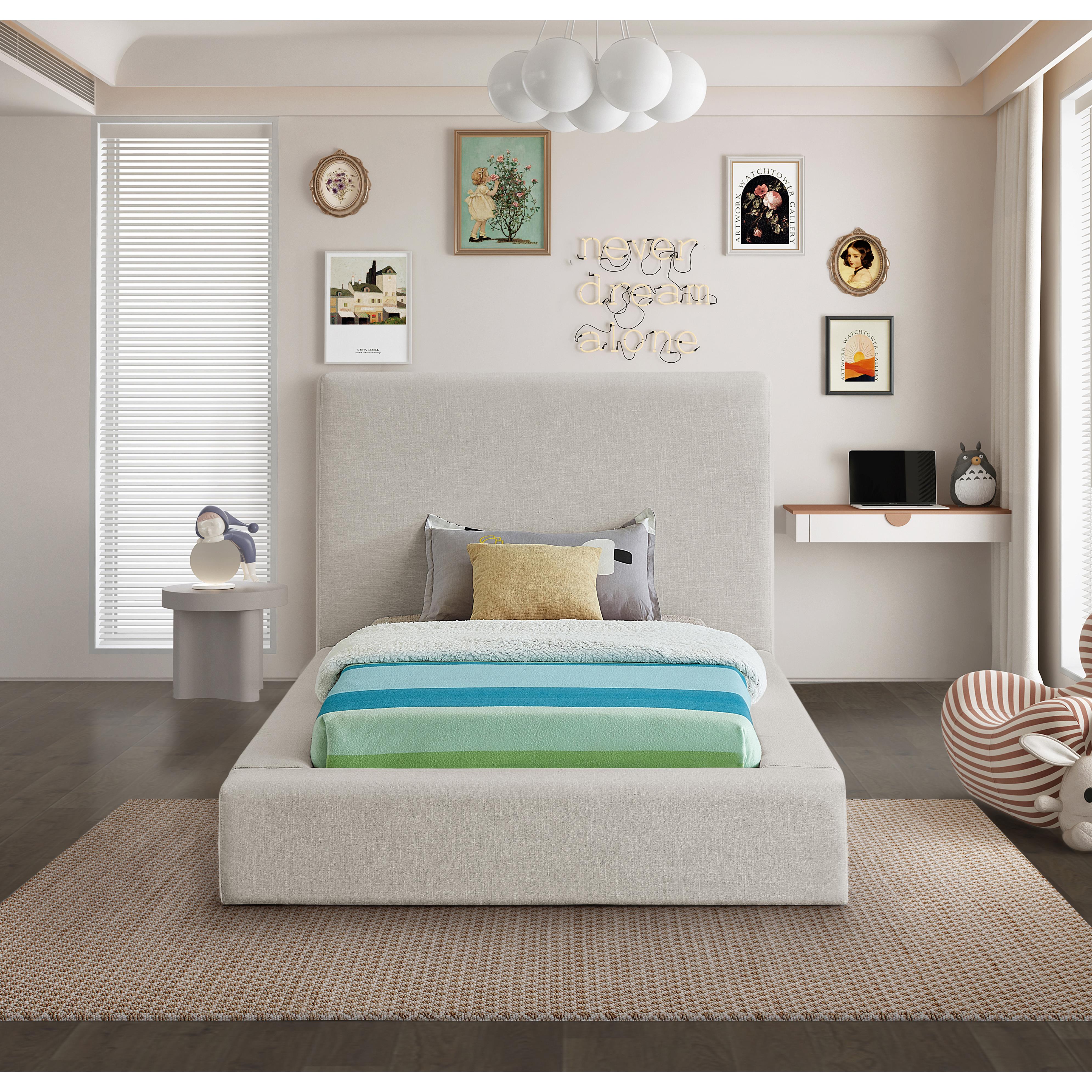 Meridian Devin Beige Linen Textured Fabric Twin Bed