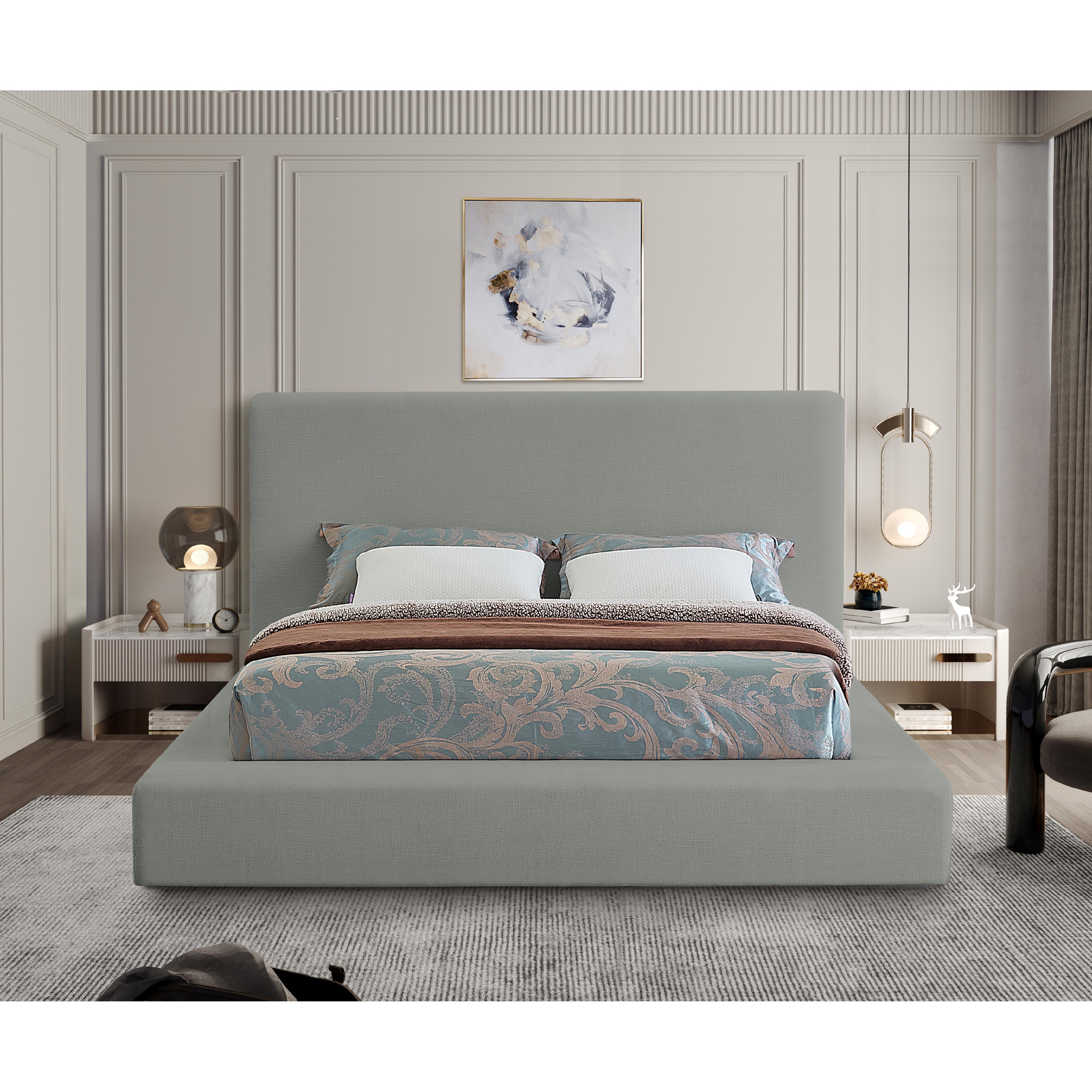 Meridian Devin Grey Linen Textured Fabric King Bed