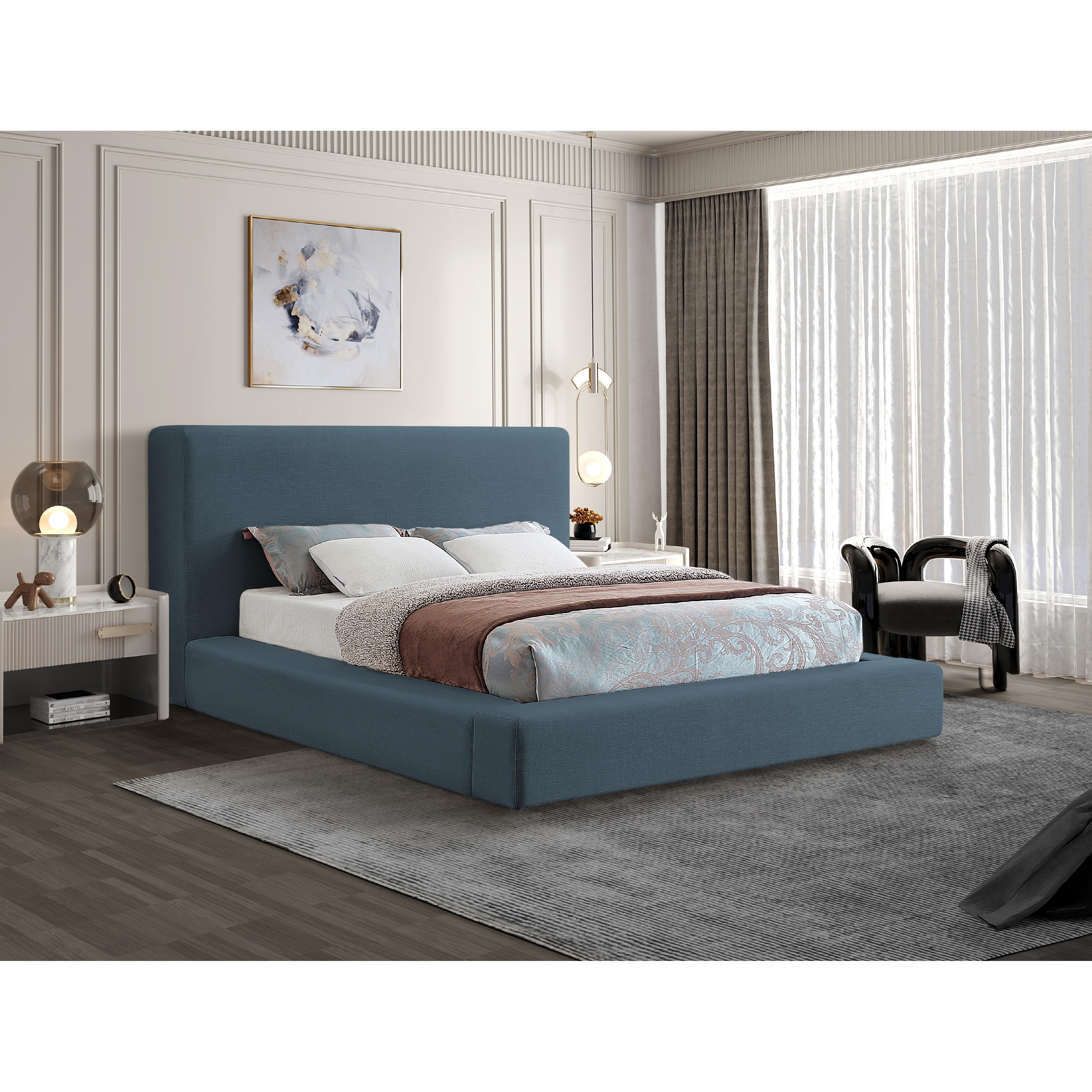 Meridian Devin Navy Linen Textured Fabric Queen Bed