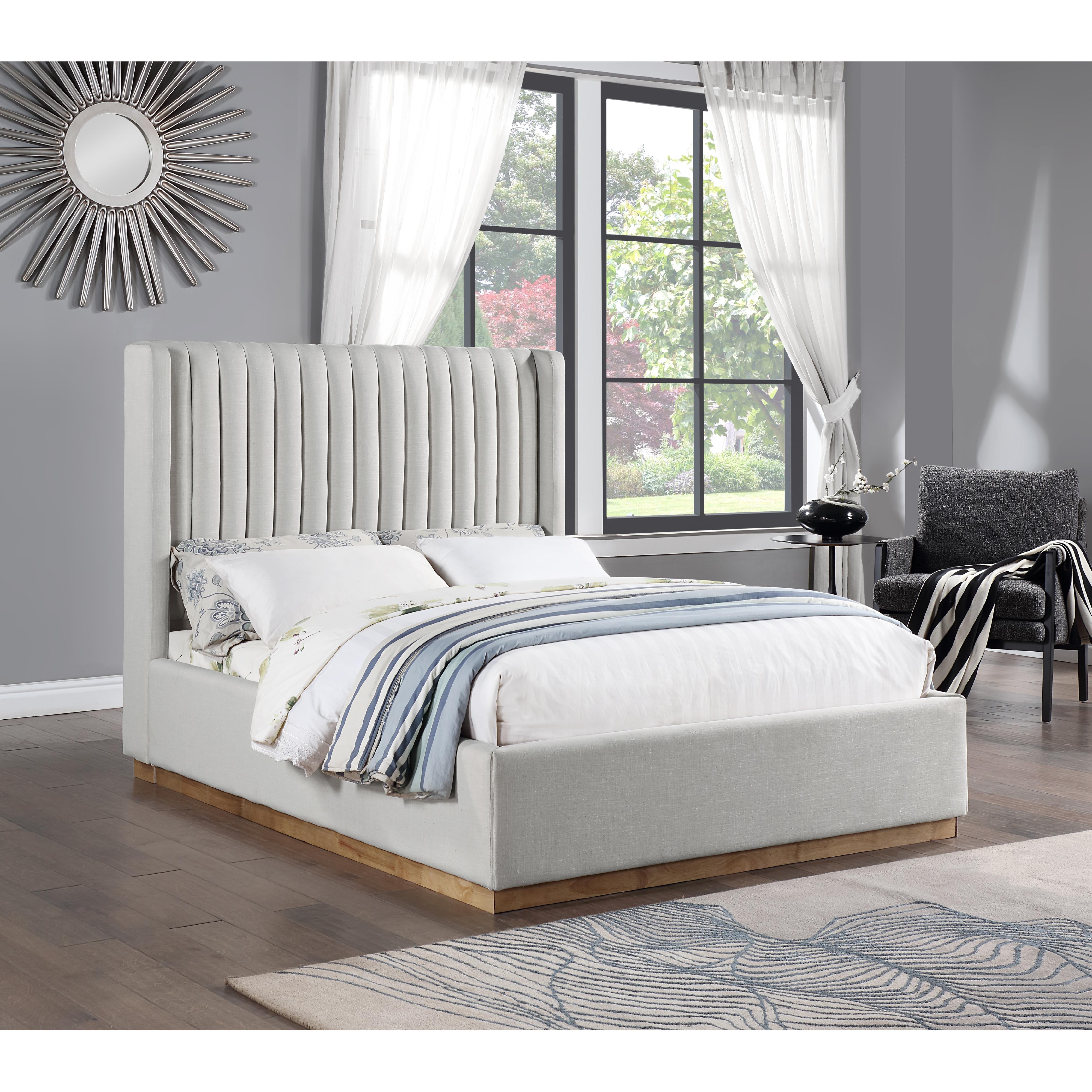 Meridian Logan Cream Linen Textured Fabric Queen Bed