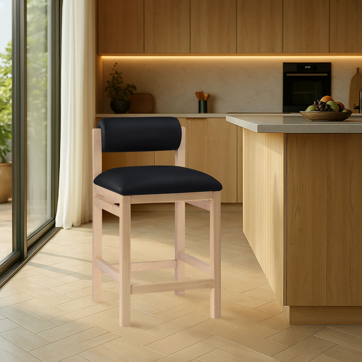 Roundhill - Faux Leather Counter Stool with Natural Frame