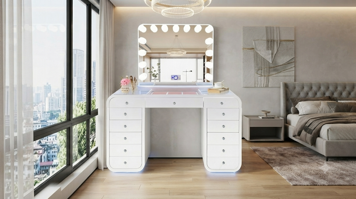 Emily Smart Vanity — 3-Color Lighted Mirror & Glass Top