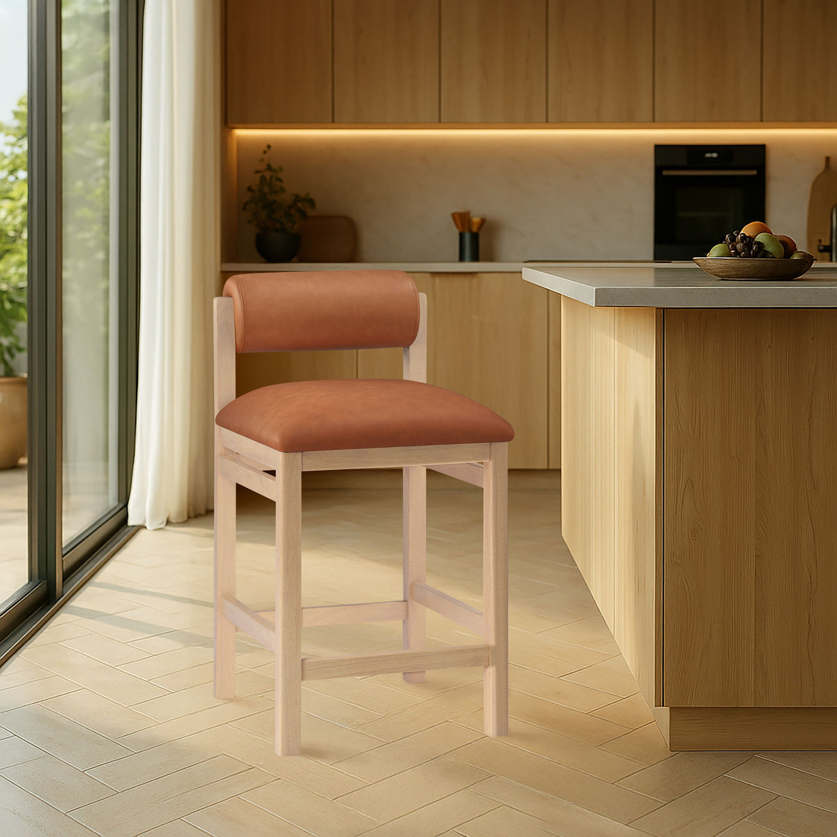 Roundhill - Faux Leather Counter Stool with Natural Frame