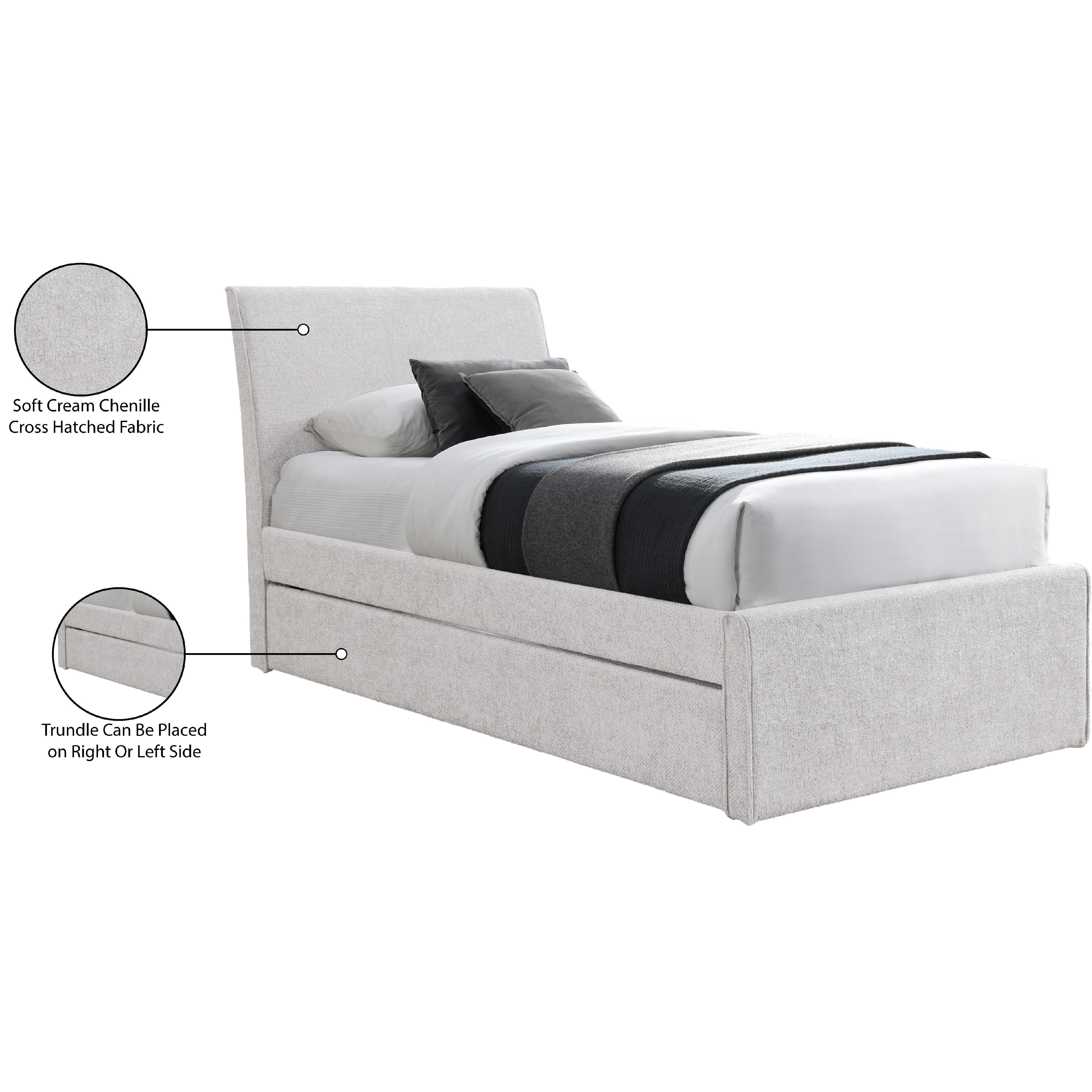 Meridian Myles Cream Chenille Fabric Twin Trundle Bed