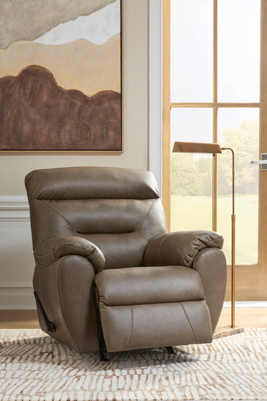 Ashley 8400225 Faux Leather Rocker Recliner — One-Pull Reclining