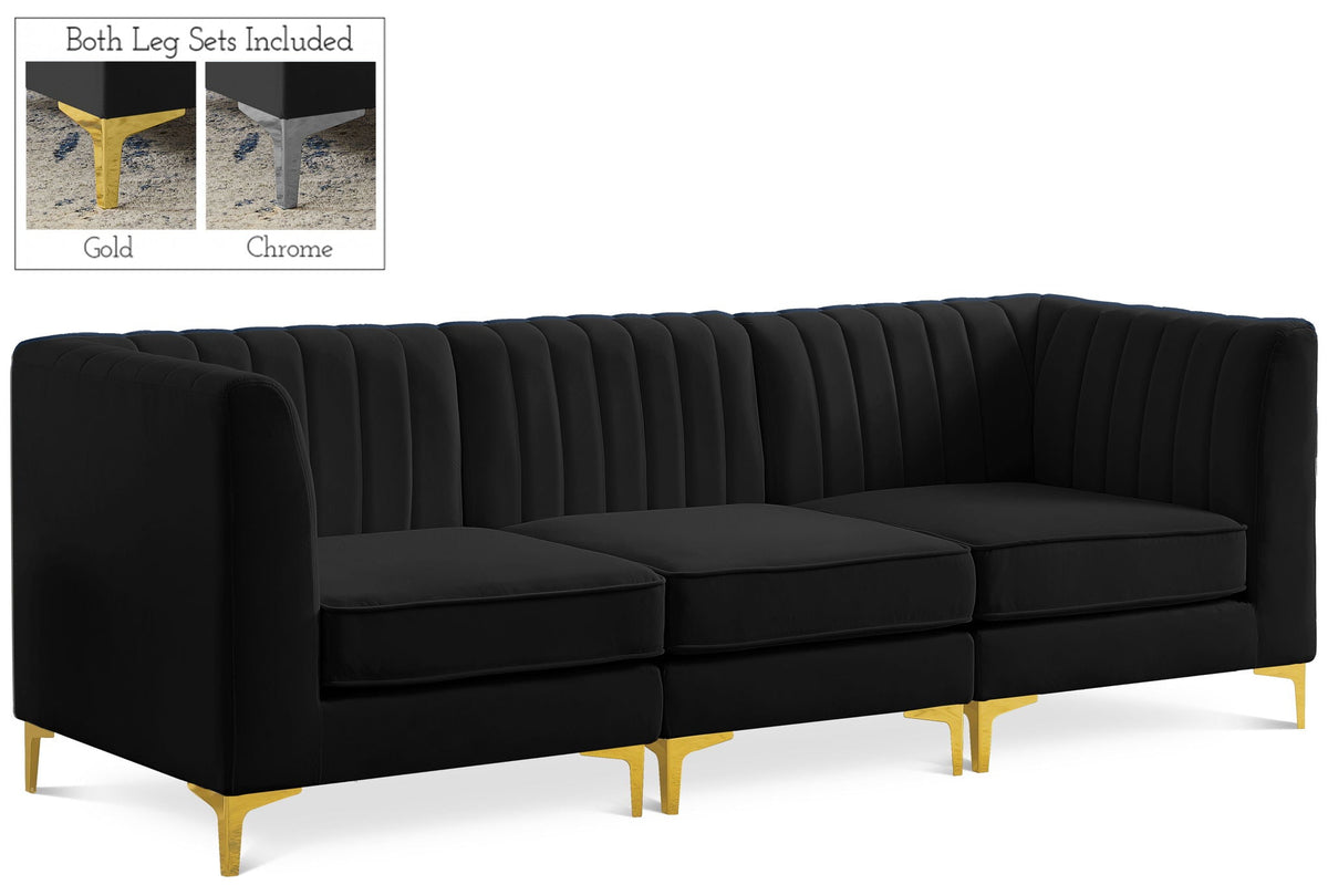 Alina Velvet Modular Sectional — 3-Piece Sectional — Black