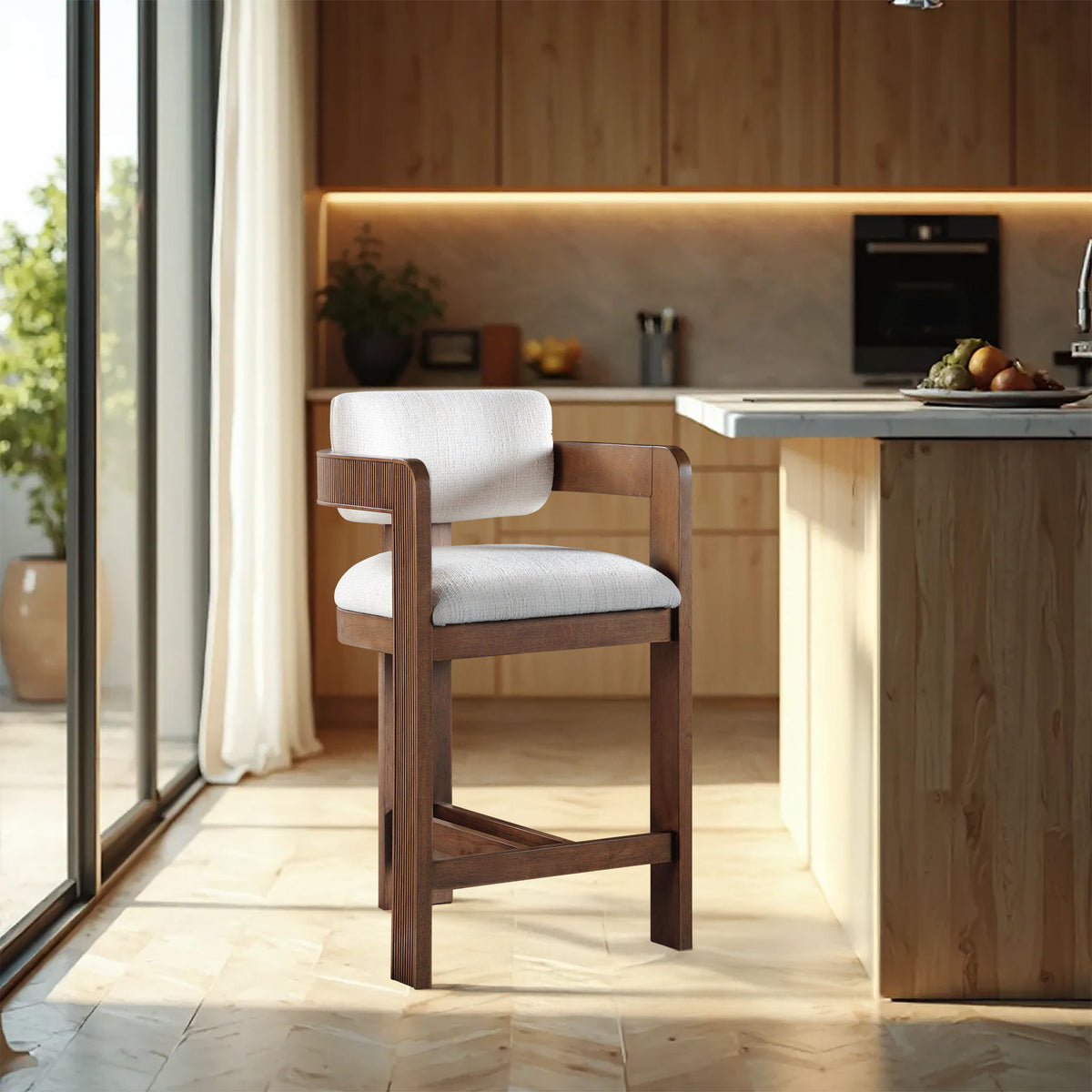 Sacha - Linen Stool with Brown Base