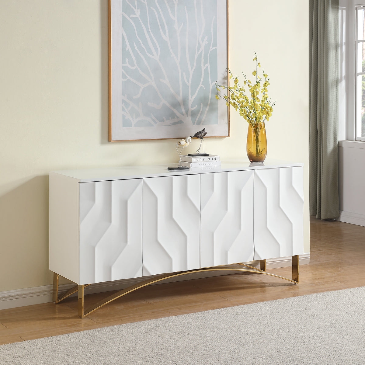 Bianca White Lacquer Console — Carved Push-to-Open Door