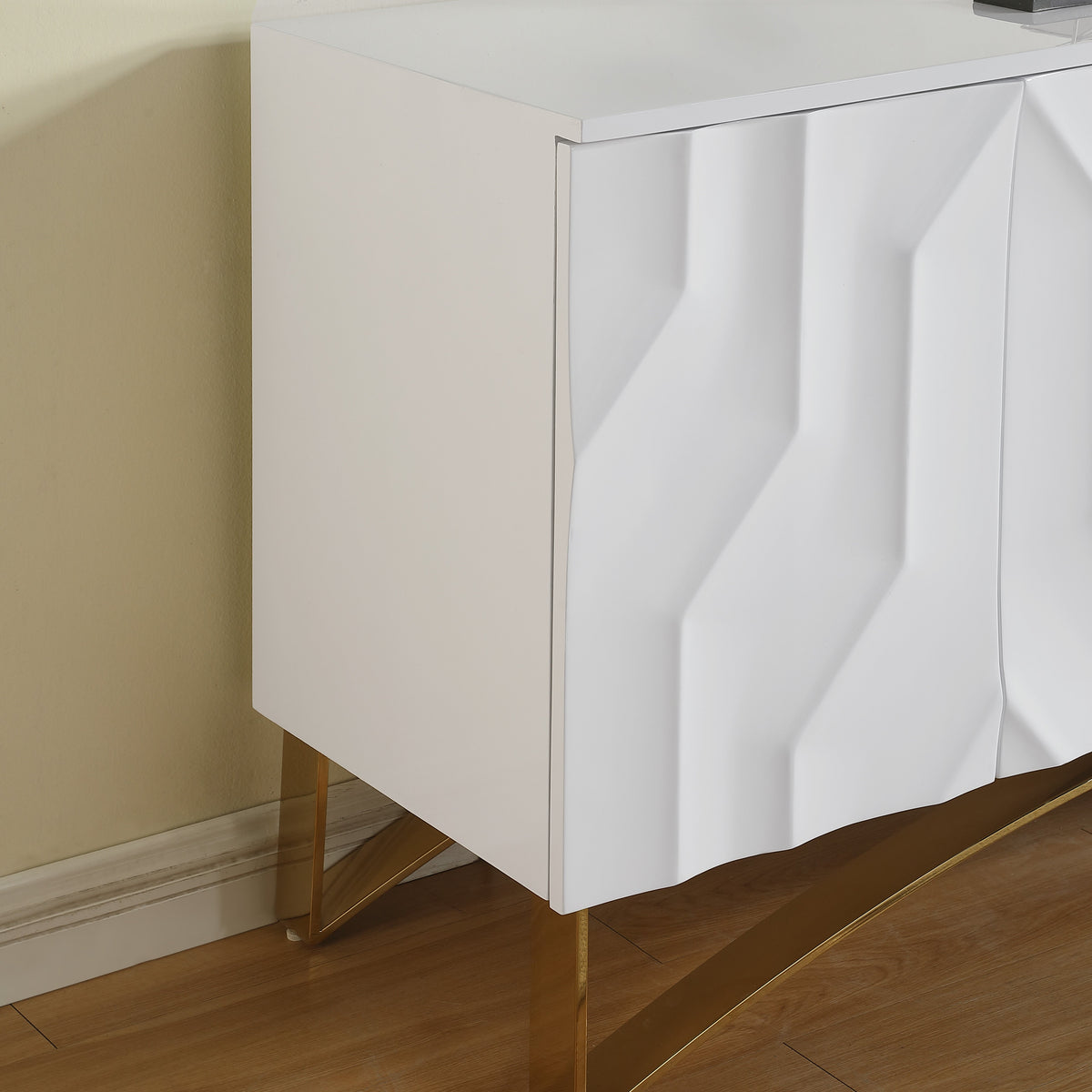 Bianca White Lacquer Console — Carved Push-to-Open Door