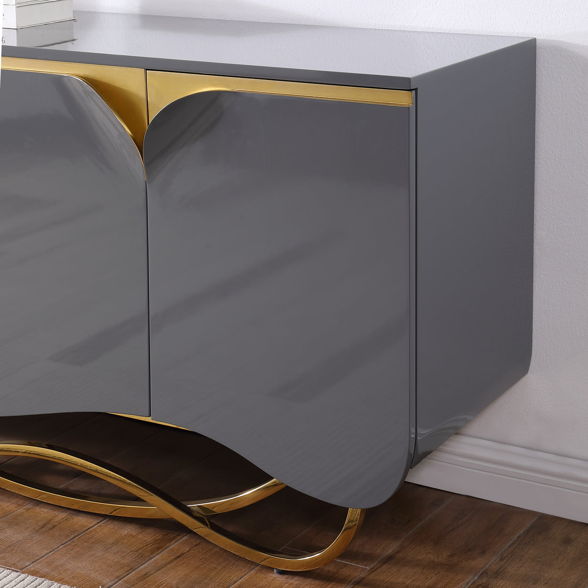 Brivo Grey Lacquer Console and Mirror Set — Gold Accents