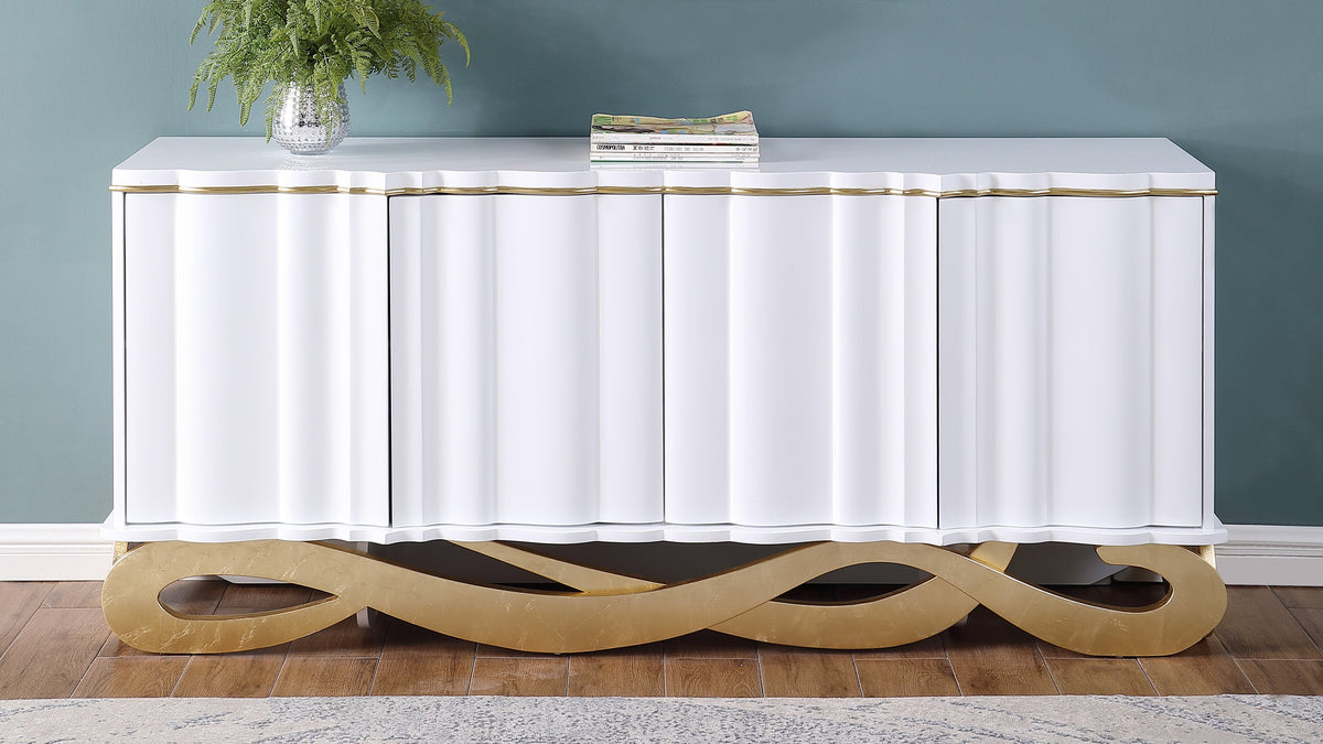 Isadora White Lacquer Console and Mirror Set — Carved Wave Door