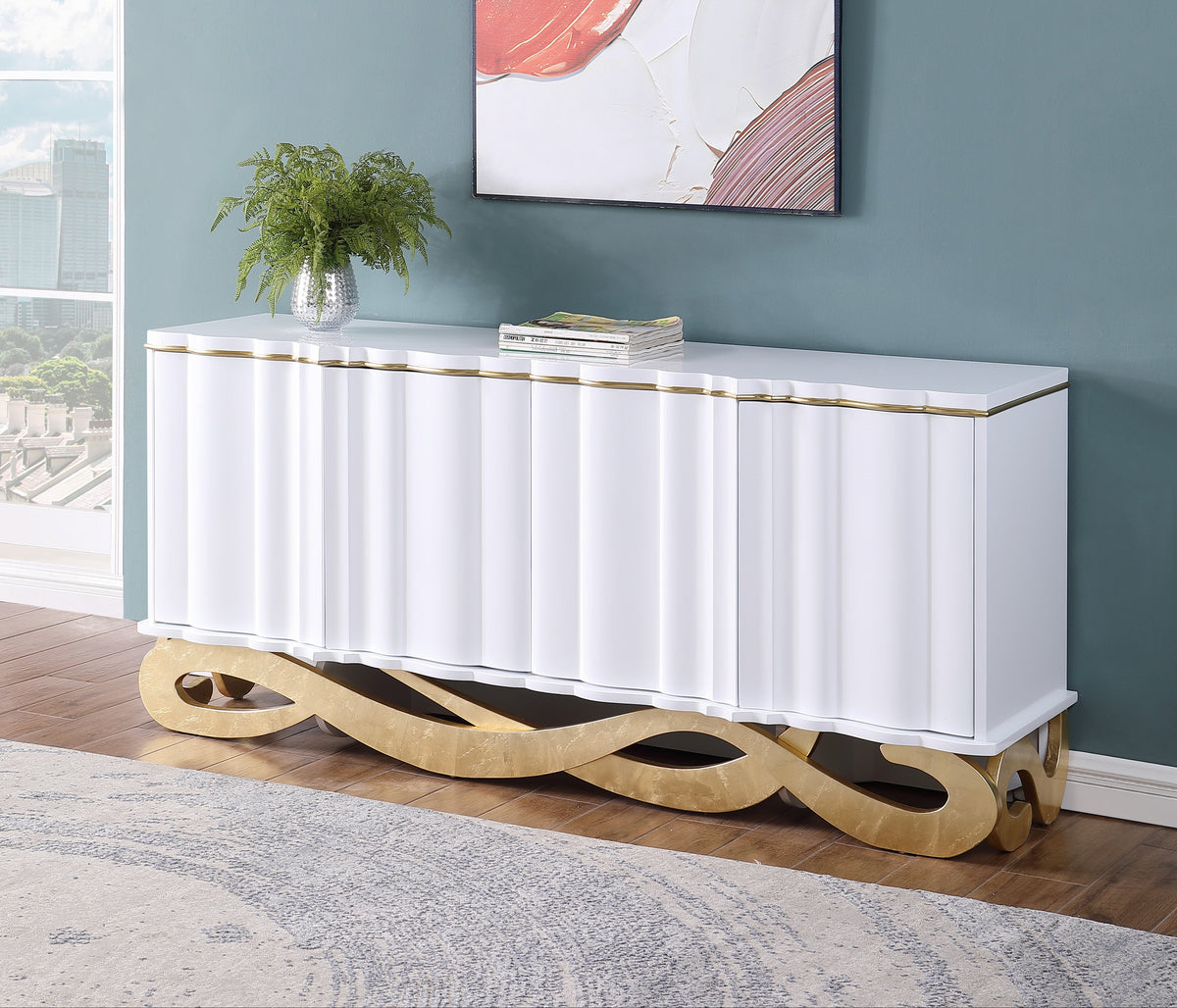 Isadora White Lacquer Console and Mirror Set — Carved Wave Door