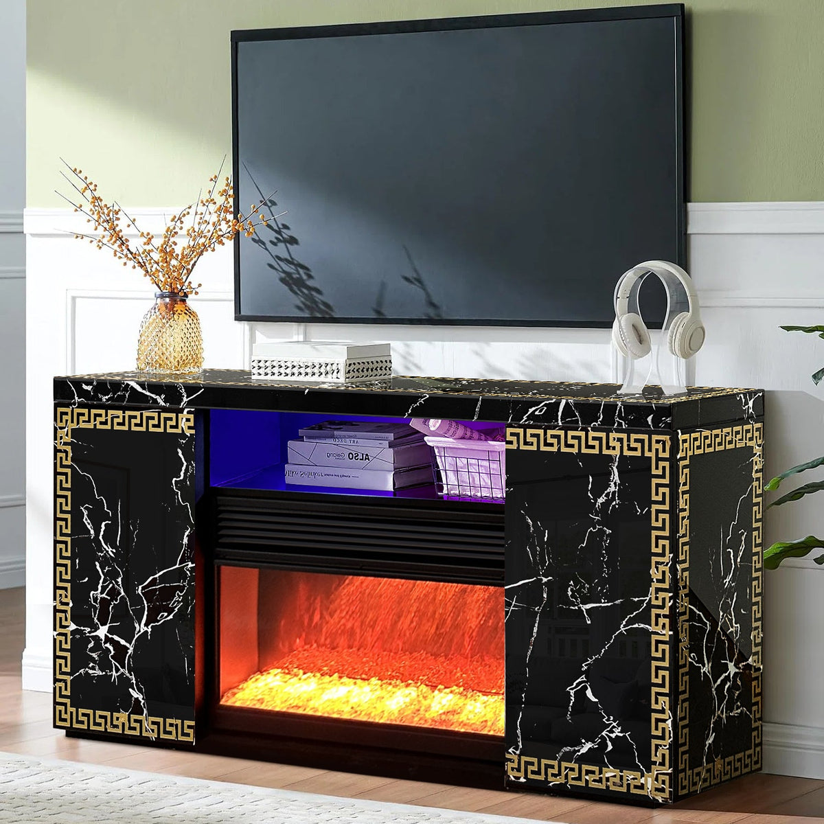 Versa Black TV Stand — Electric Fireplace, LED & Bluetooth