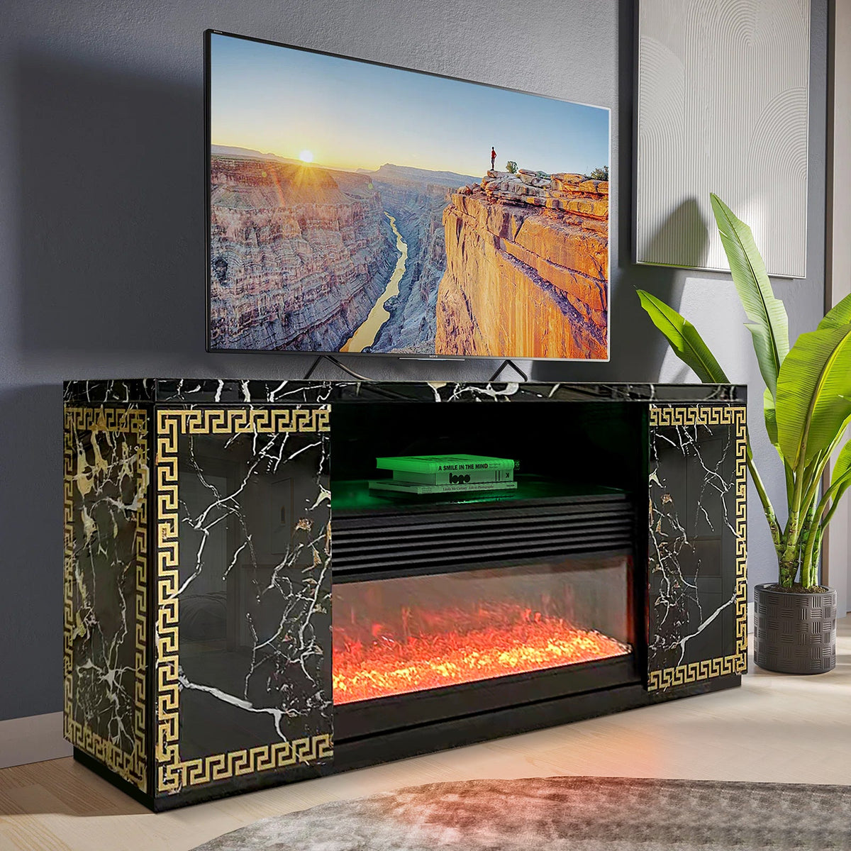 Versa Black TV Stand — Electric Fireplace, LED & Bluetooth