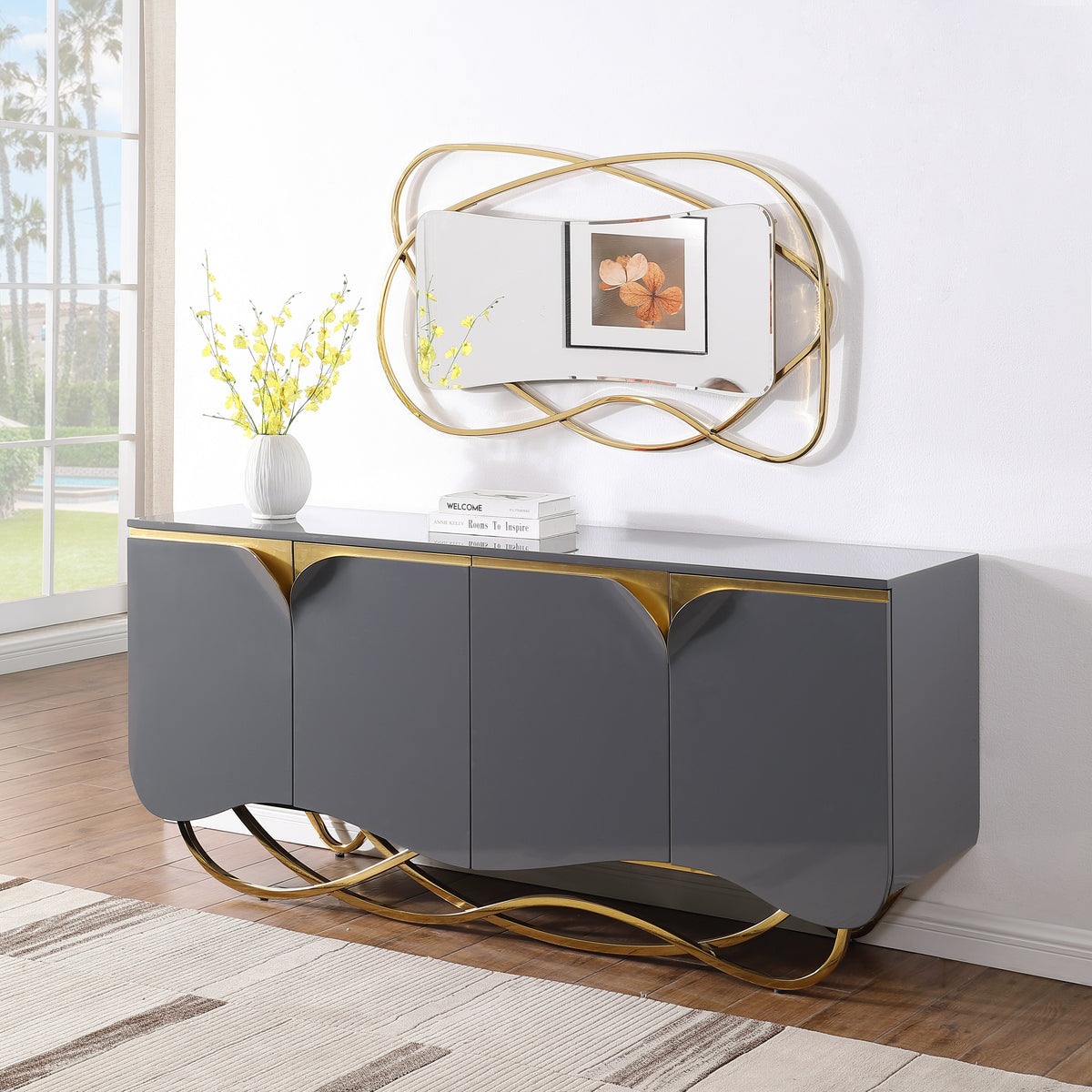 Brivo Grey Lacquer Console and Mirror Set — Gold Accents