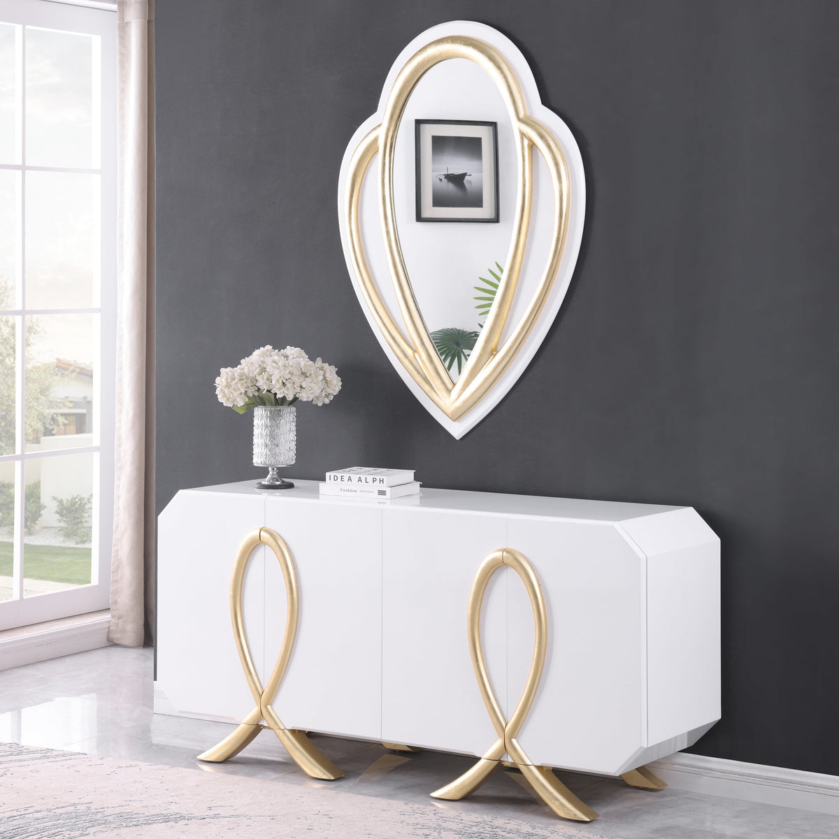 Aster White Lacquer Console and Mirror Set — Gold Leaf Detail