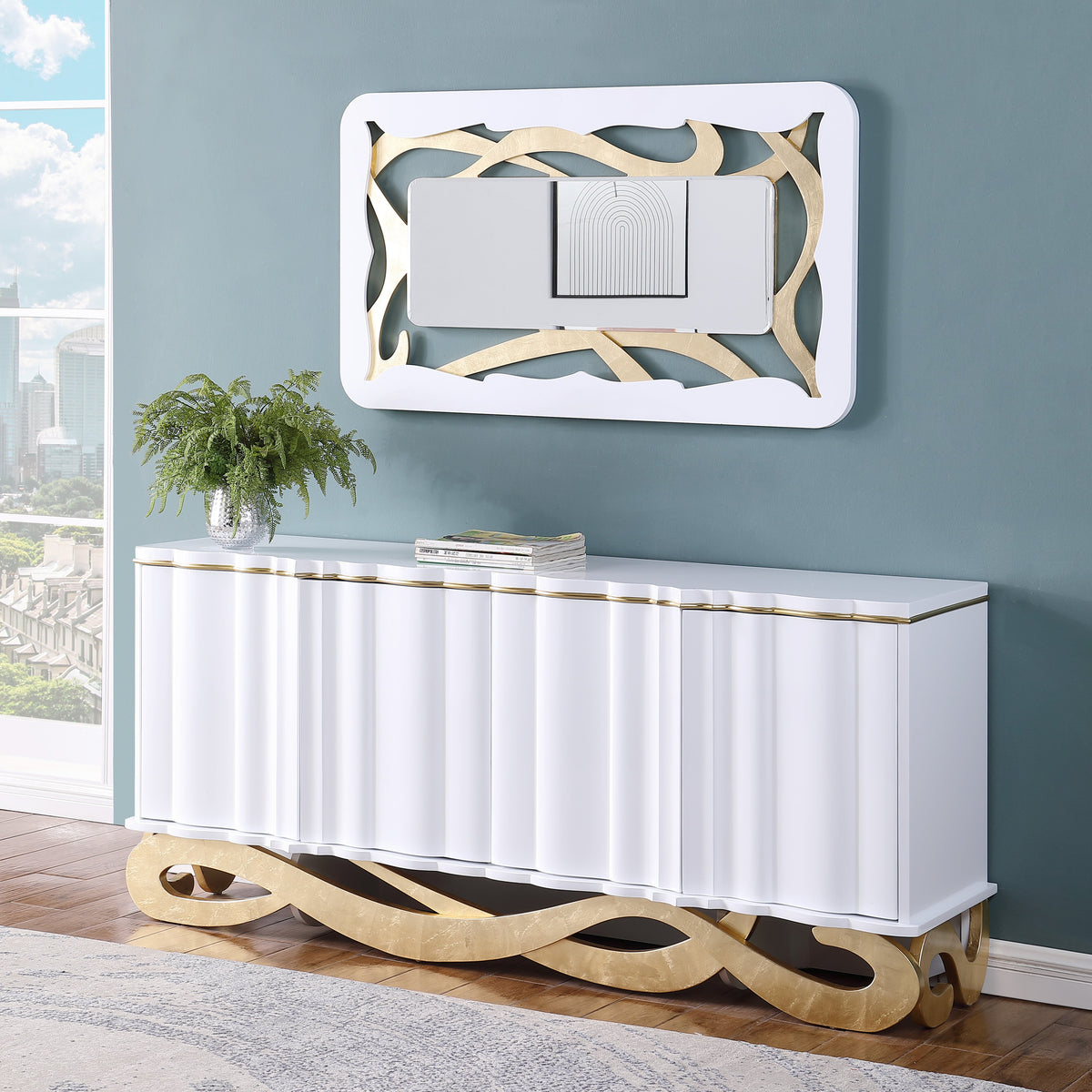Isadora White Lacquer Console and Mirror Set — Carved Wave Door