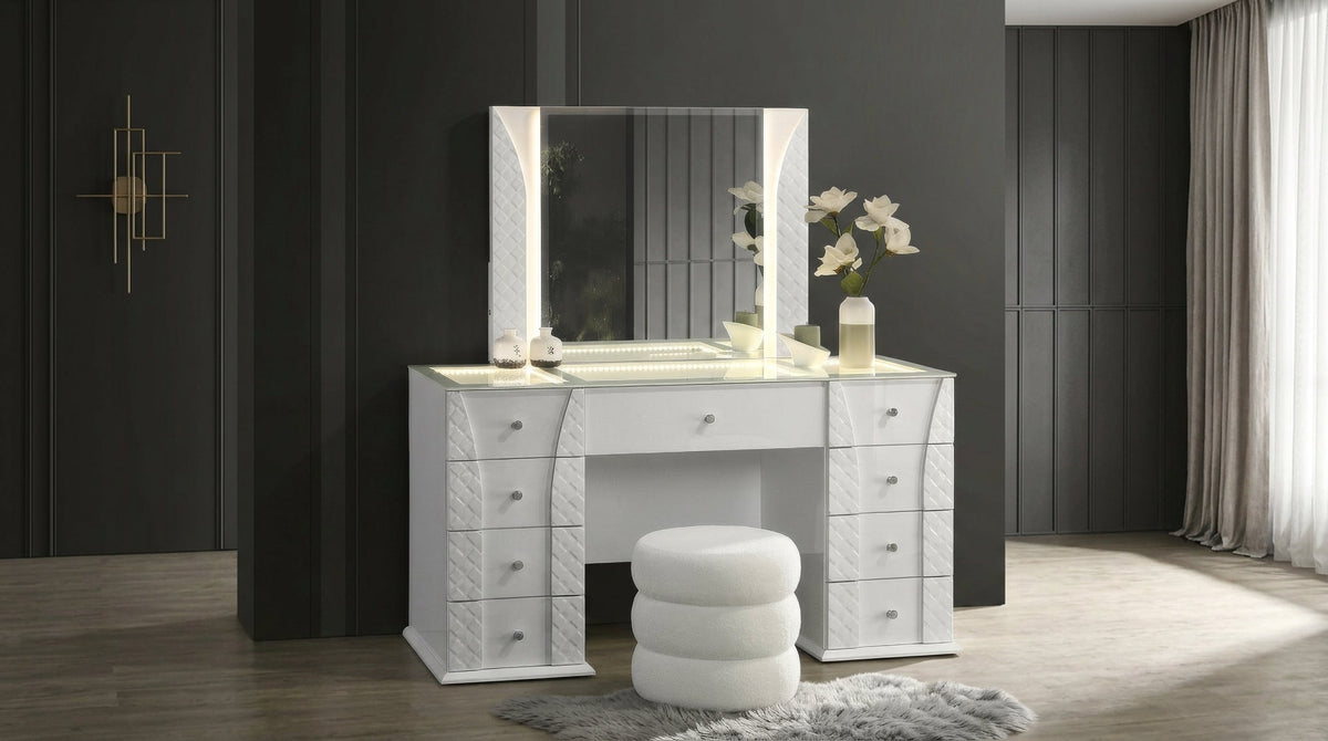 Ivette Hi-Gloss White Vanity — LED Mirror & Glass-Top Display