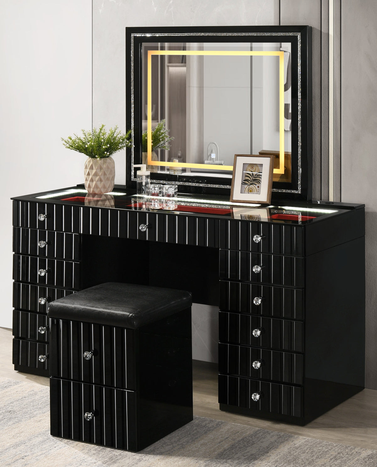 Gloria Hi-Gloss Black Smart Vanity — Glass Top & Lighted Mirror