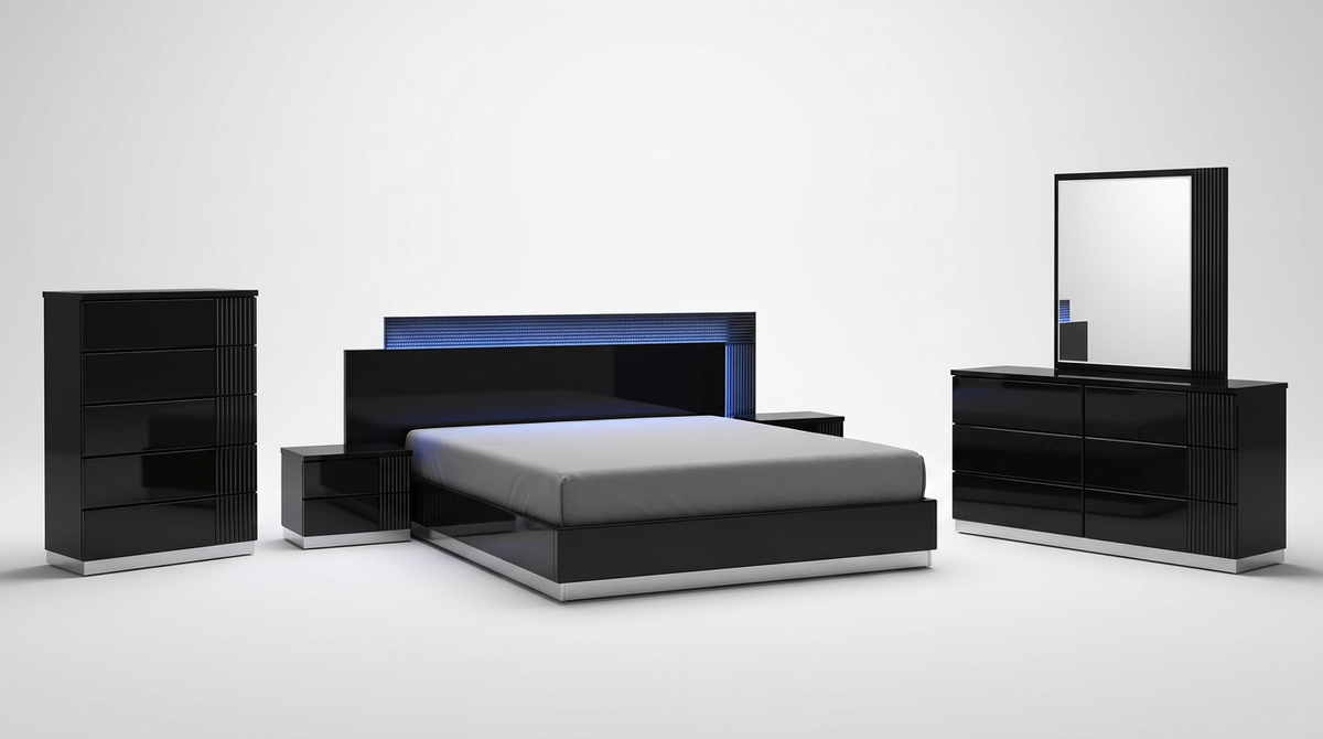 Modena Black High Gloss Bedroom Set — LED Headboard