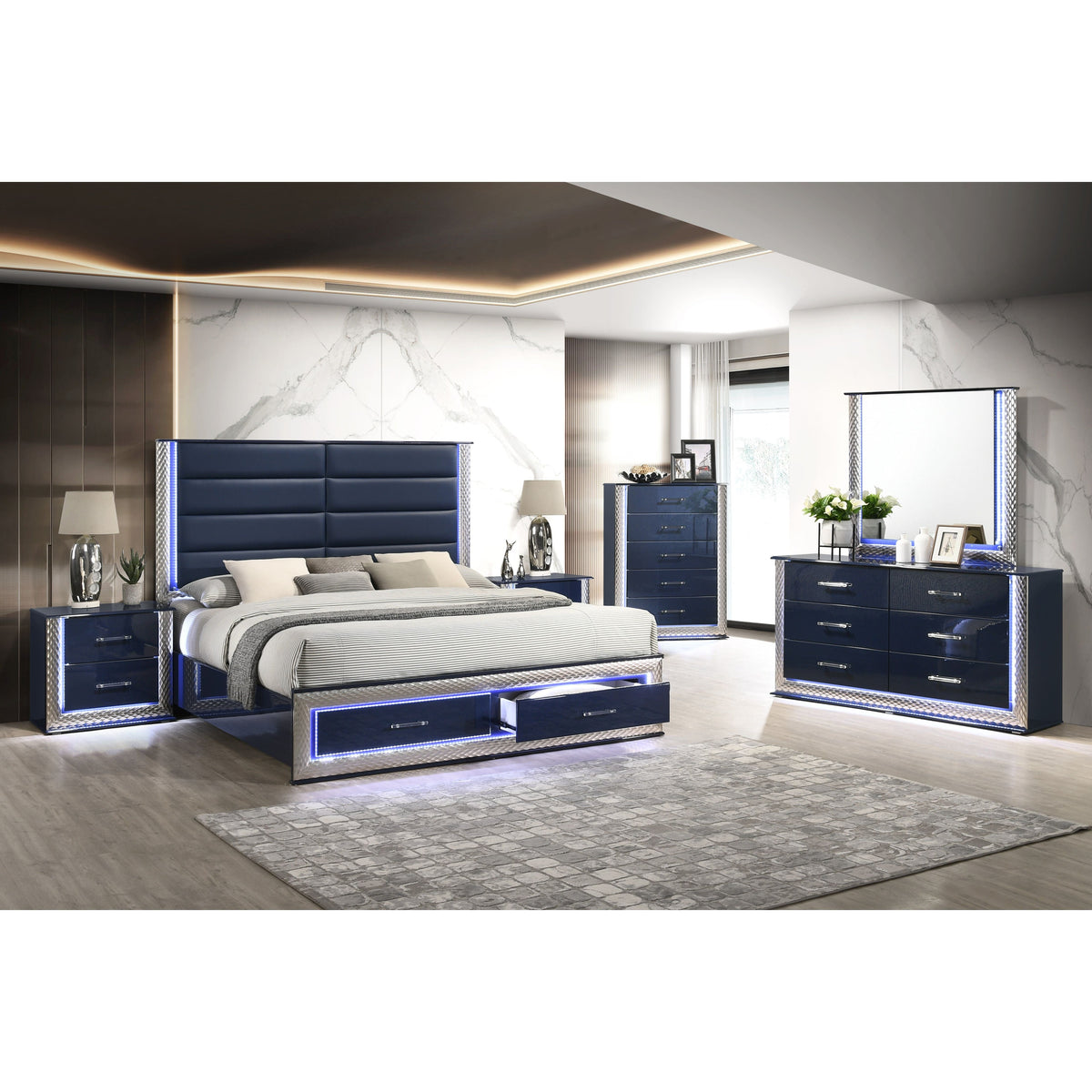 Aya Dark Navy High Gloss Bedroom Set — LED Lighting and Storage Bed