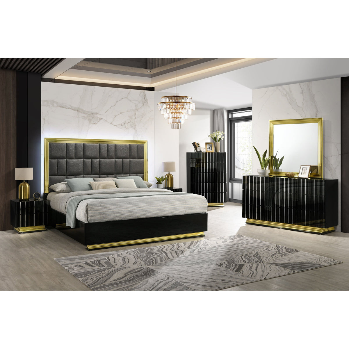 Lila Black and Gold Bedroom Set — LED Headboard