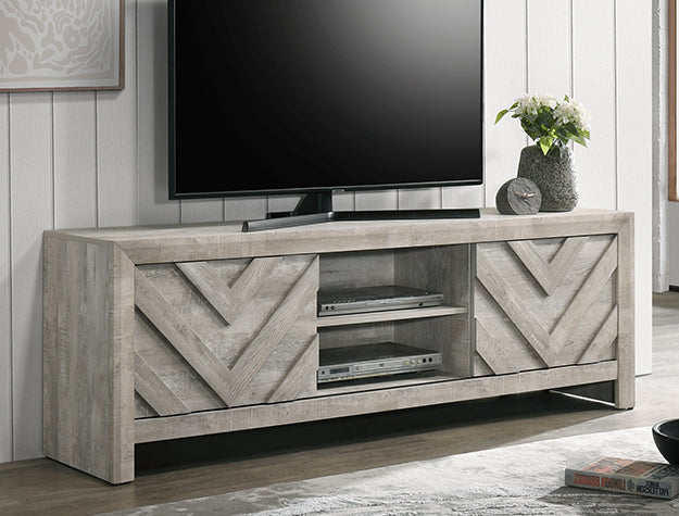 Valor Washed Wood TV Stand — Chevron Cabinet Doors