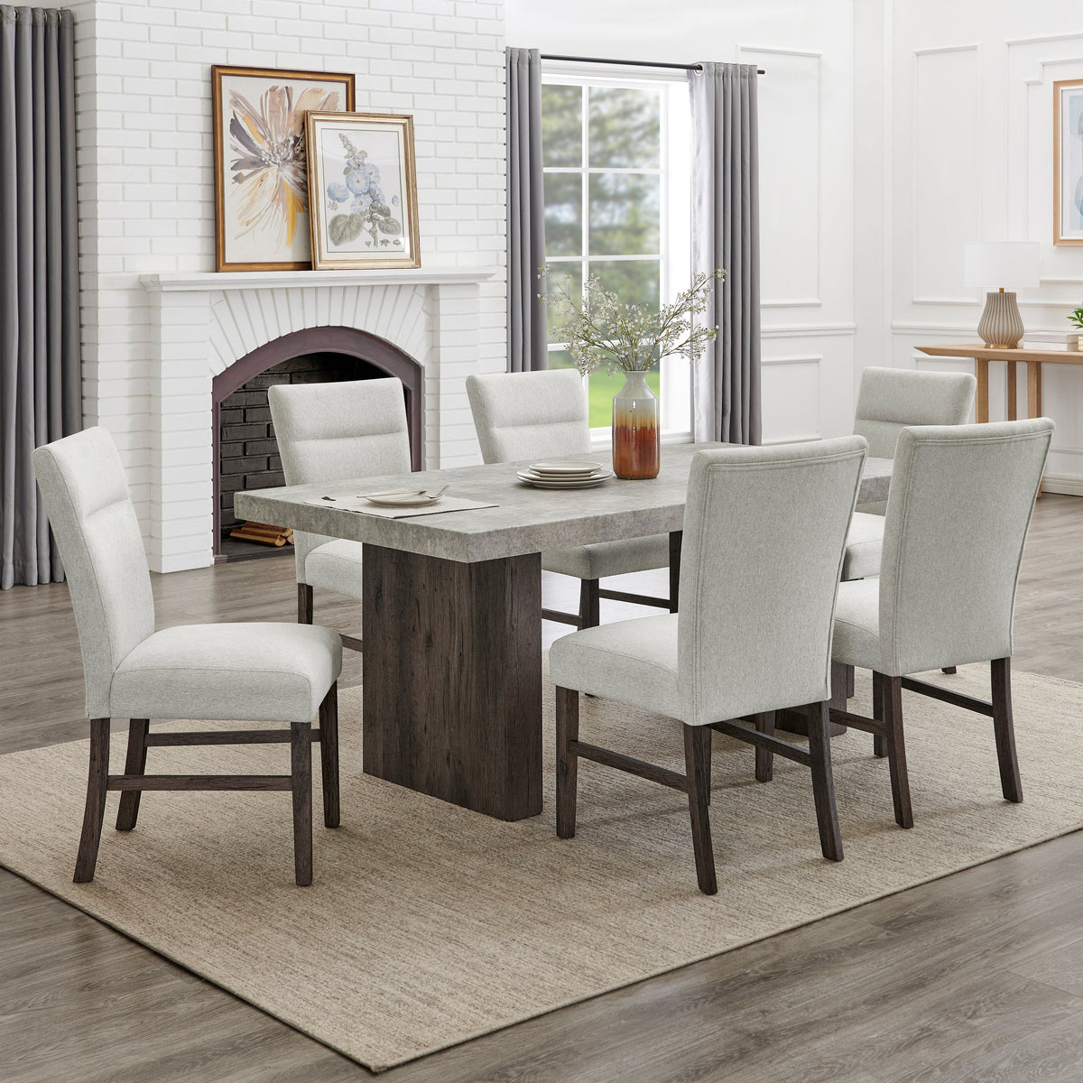 Basti Faux Concrete Dining Set in 7-Piece (Table & 6 Chairs)