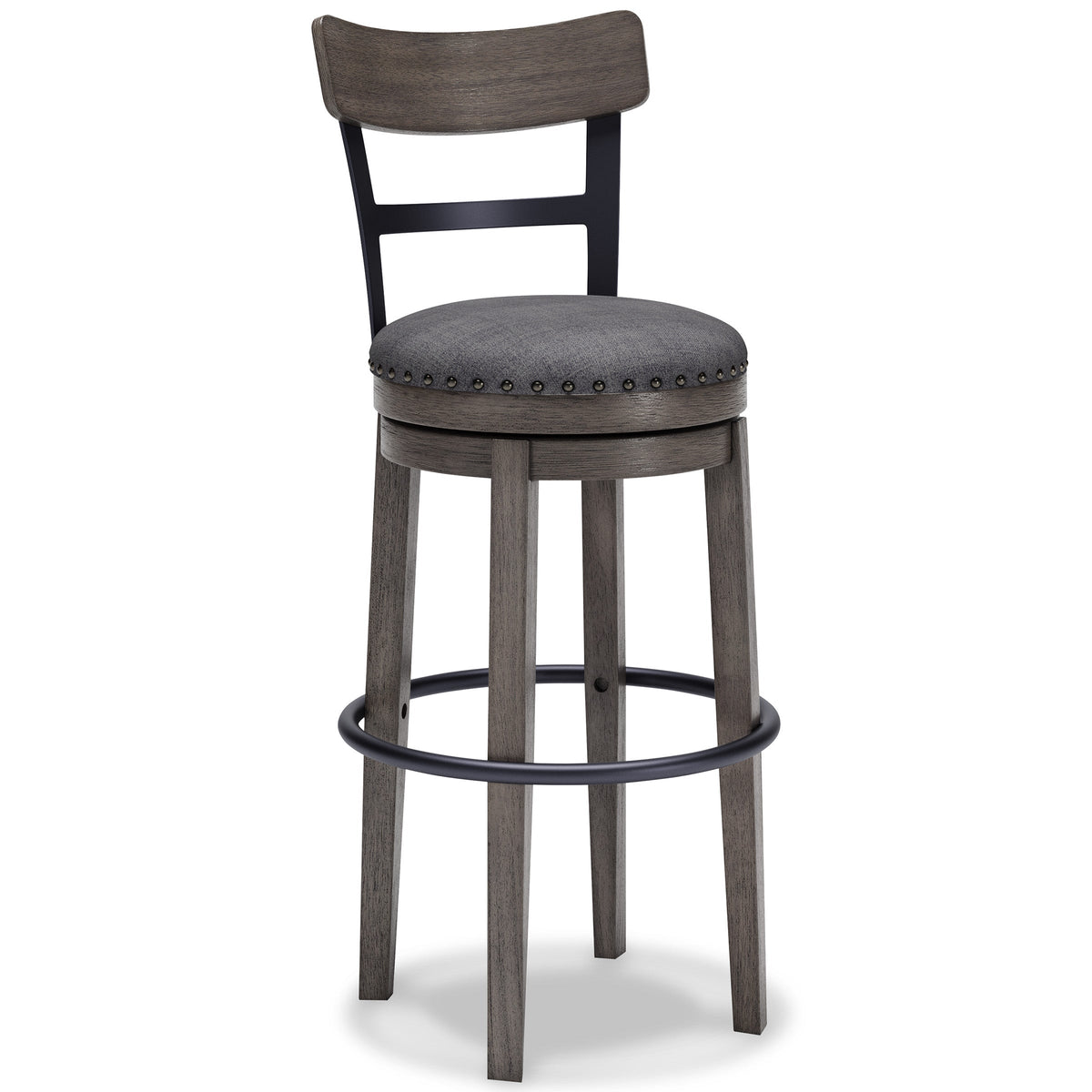Caitbrook Grey Wood Swivel Barstool — Nailhead Trim