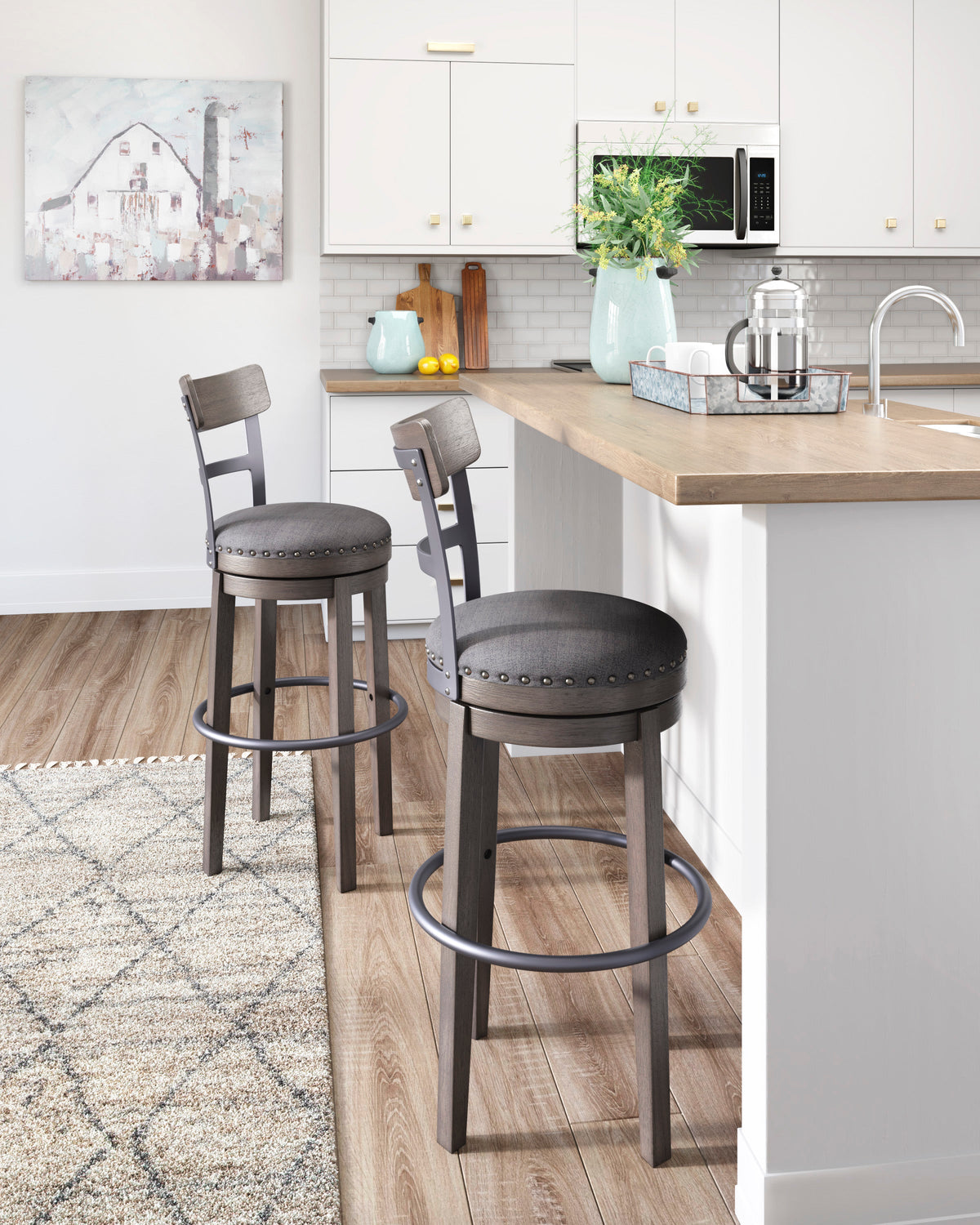 Caitbrook Grey Wood Swivel Barstool — Nailhead Trim