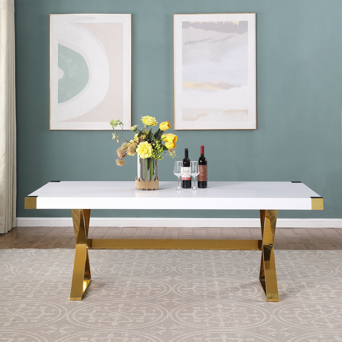 Adel White Lacquer 79-Inch Dining Table — Gold Steel Legs