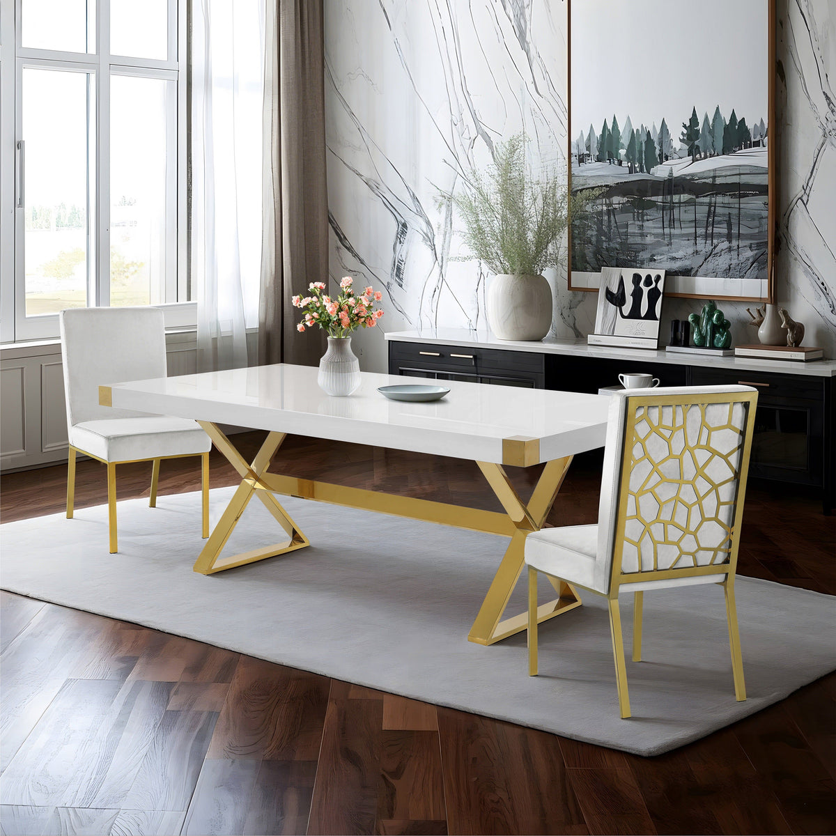 Adel White Lacquer 79-Inch Dining Table — Gold Steel Legs