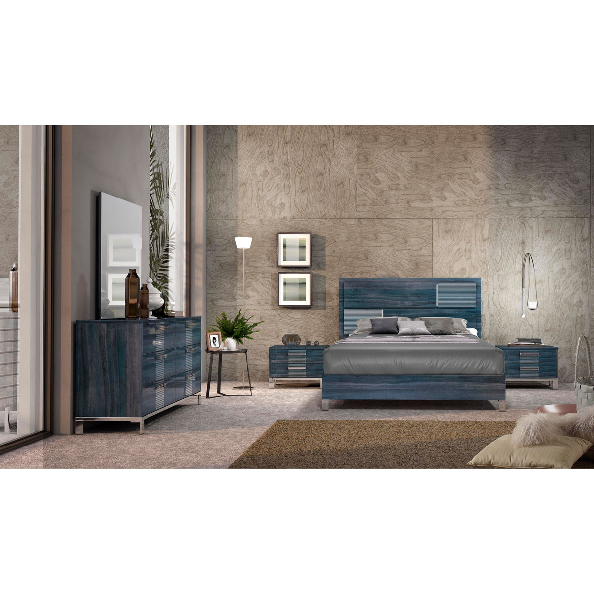 Delia Blue & Grey High-Gloss Bedroom Set