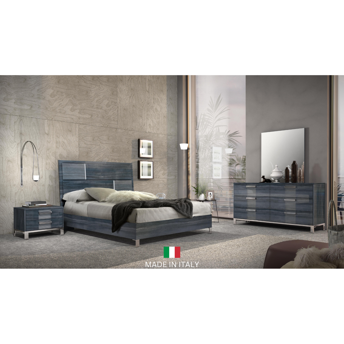 Delia Blue & Grey High-Gloss Bedroom Set