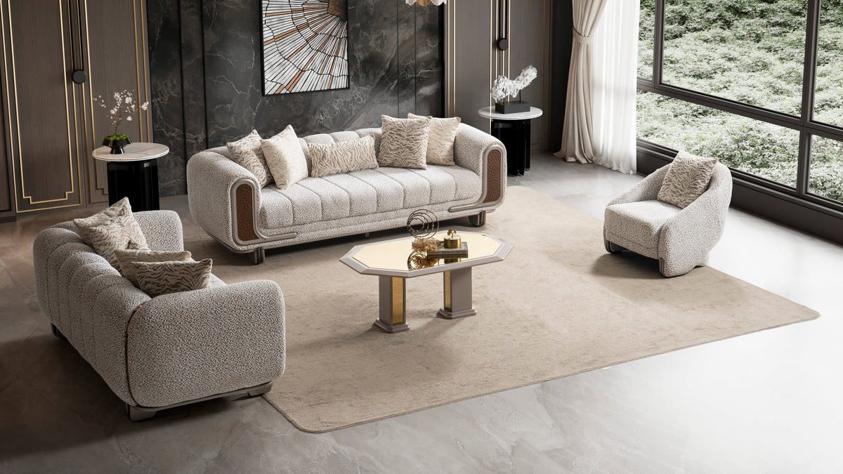 Lora 3-Piece Living Room Set — Curved Arms & Wood Accents