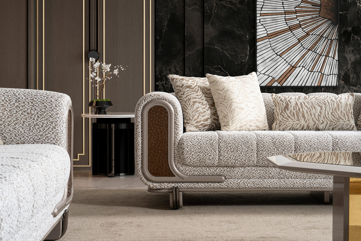 Lora 3-Piece Living Room Set — Curved Arms & Wood Accents