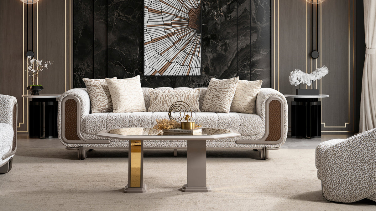 Lora 3-Piece Living Room Set — Curved Arms & Wood Accents