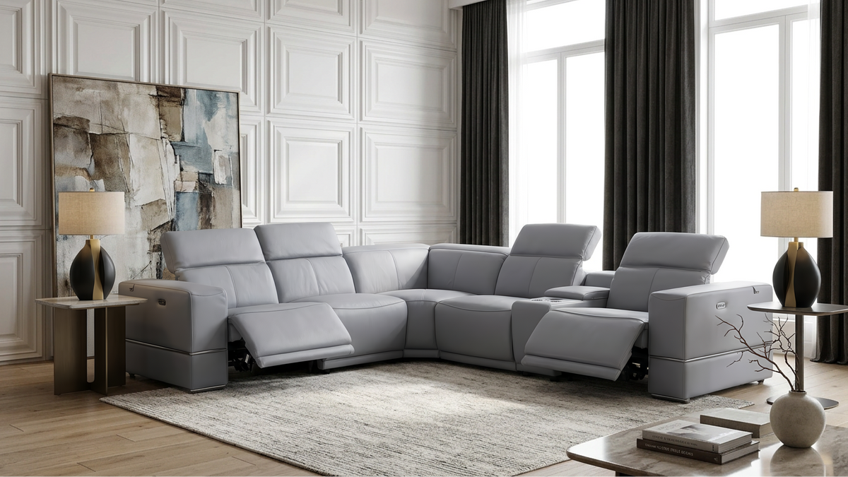 Franco II Light Blue Leather 6-Piece Sectional — Power Recline