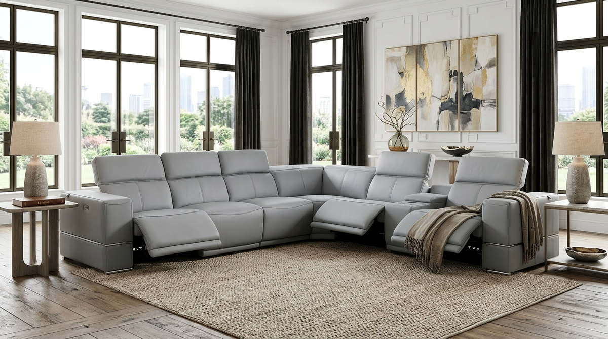 Franco II Light Blue Leather 7-Piece Sectional — Power Recline