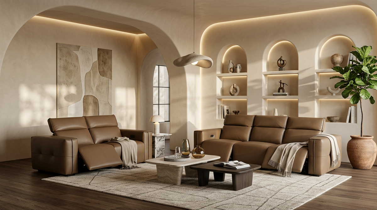 Ember Brown Italian Leather Sofa and Loveseat — Power Recline