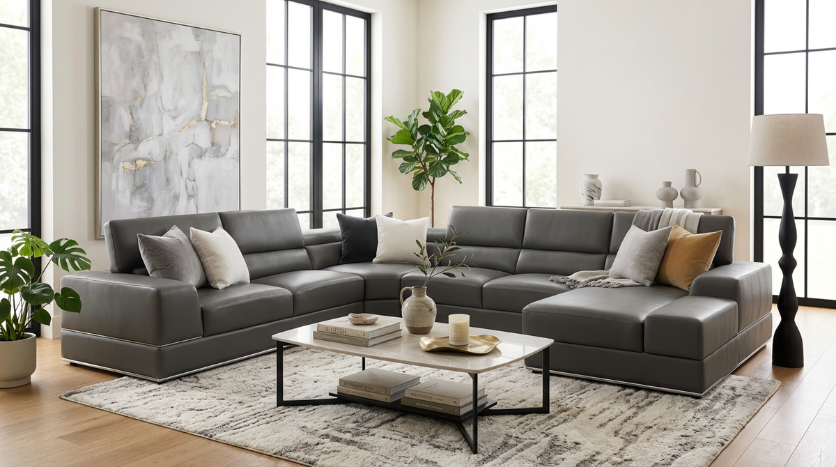 Nella Dark Grey Italian Leather U-Shaped Sectional
