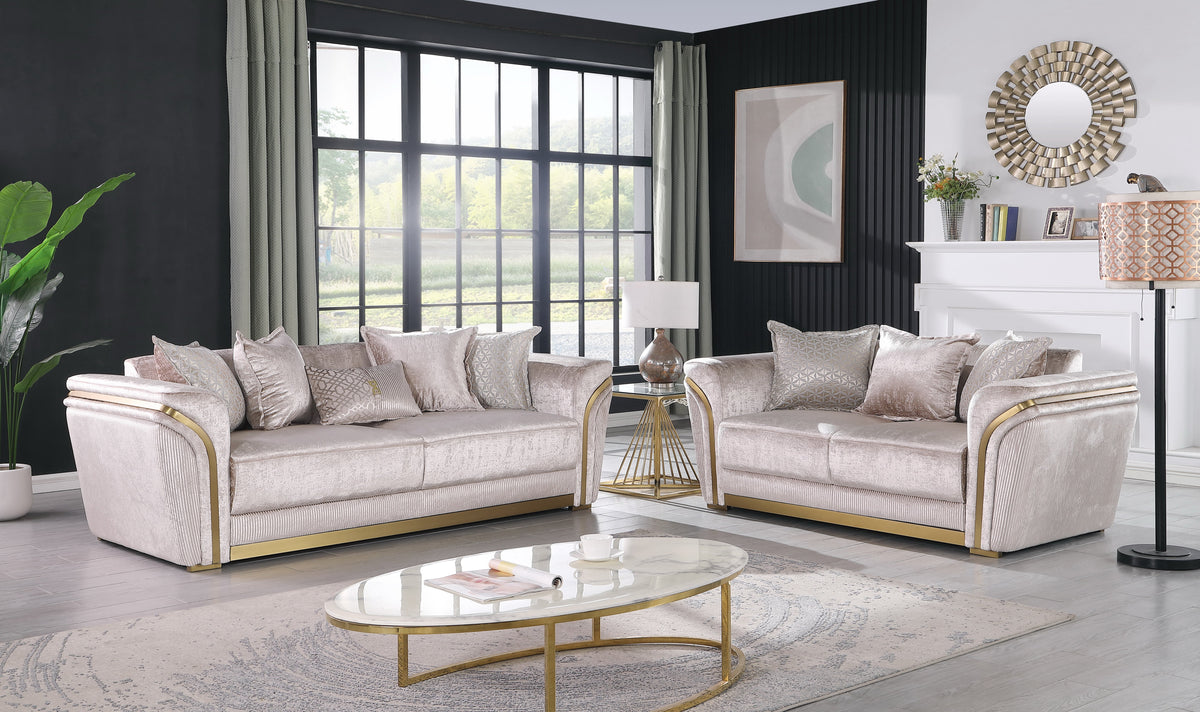 Torino Champagne Sofa & Loveseat Set — Gold Accents