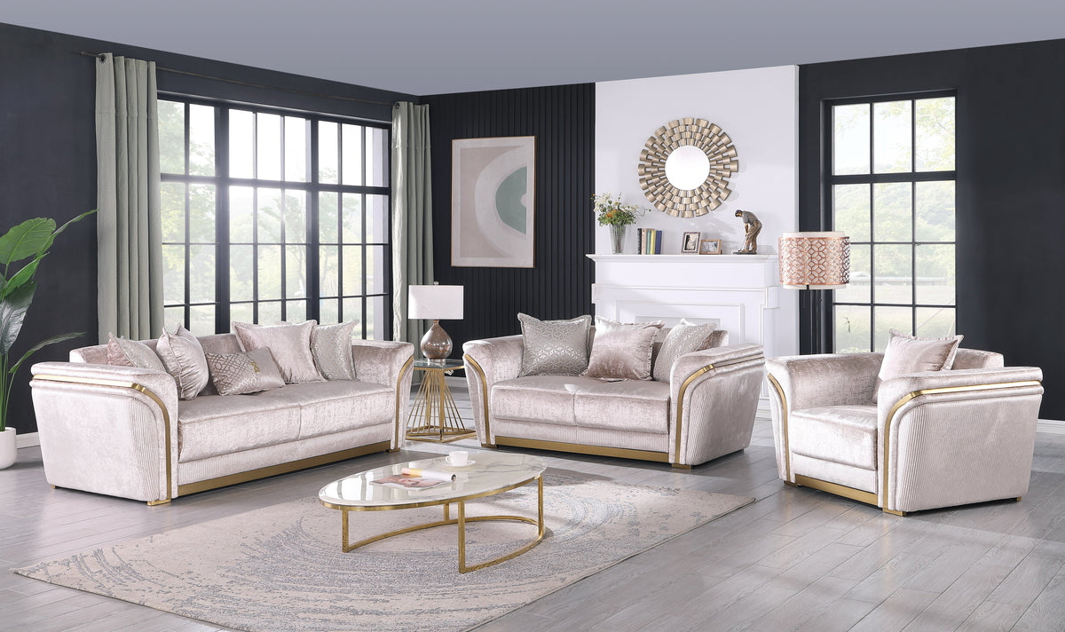 Torino Champagne Sofa & Loveseat Set — Gold Accents
